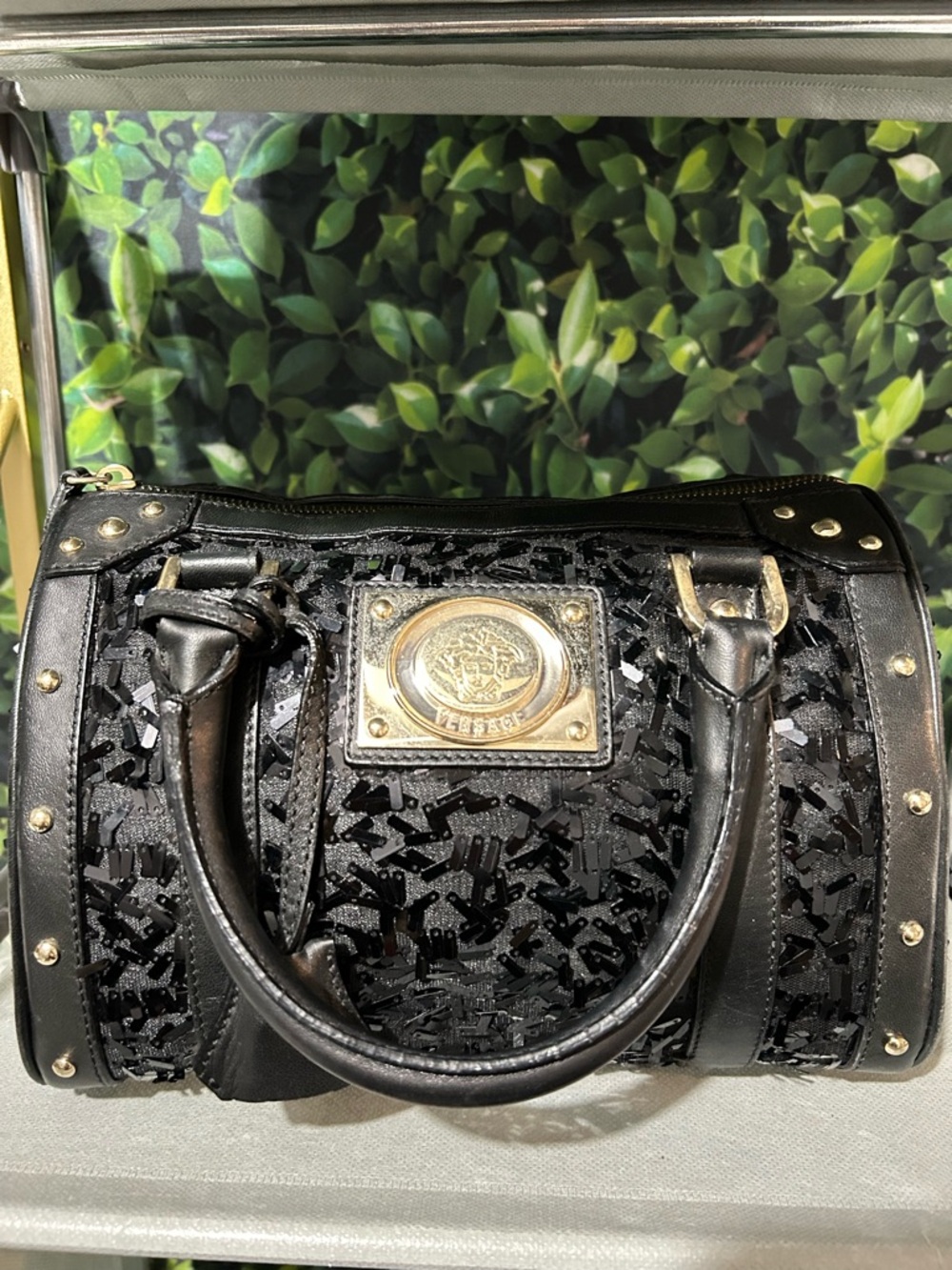 Versace Black Sequin Barrel Satchel with Gold Medallion w COA